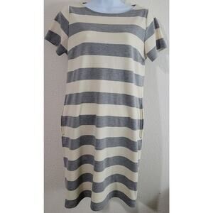 Earth Music & Ecology Gray Cream Striped Dress Medium Hidden Seam Pockets Soft